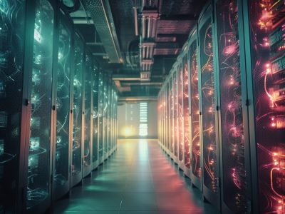 Futuristic computer lab equipment in a row generated by artificial intelligence